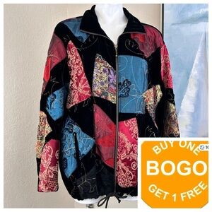 CHICO'S DESIGN JACKET Black Velvet & Unique PATCHWORK 
Size 16